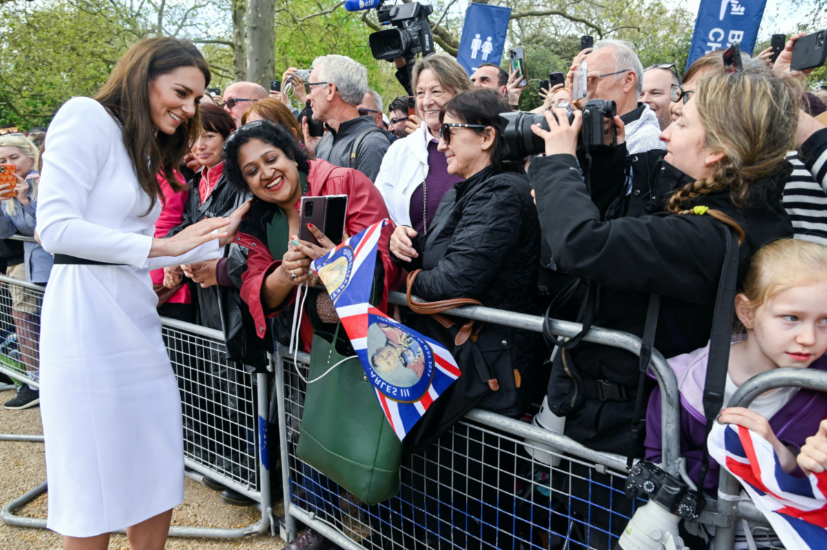 Britain's Catherine, Princess of Wales, meets well-wishers during a walkabout on the Mall outside Buckingham Palace ahead of the coronation of Britain's King Charles and Camilla, Queen Consort, in London, Britain, on 5th May, 2023.