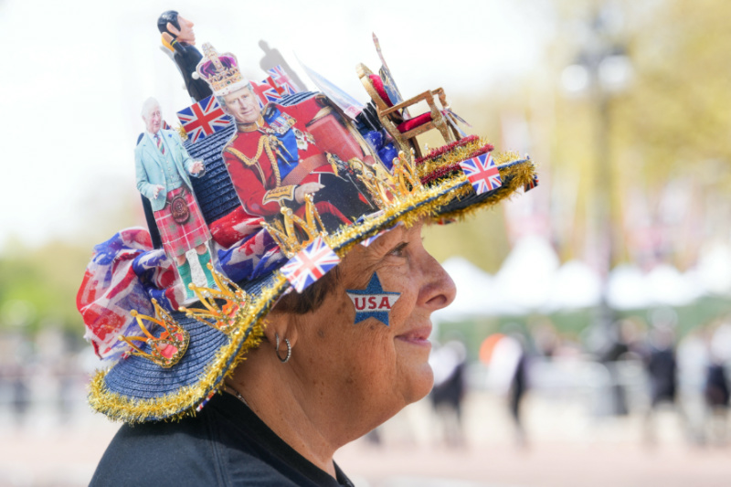 Royal super fan Donna Werner from the US shows her celebratory handmade royal hat ahead of the Coronation of King Charles, in London, Britain, on 2nd May, 2023. 