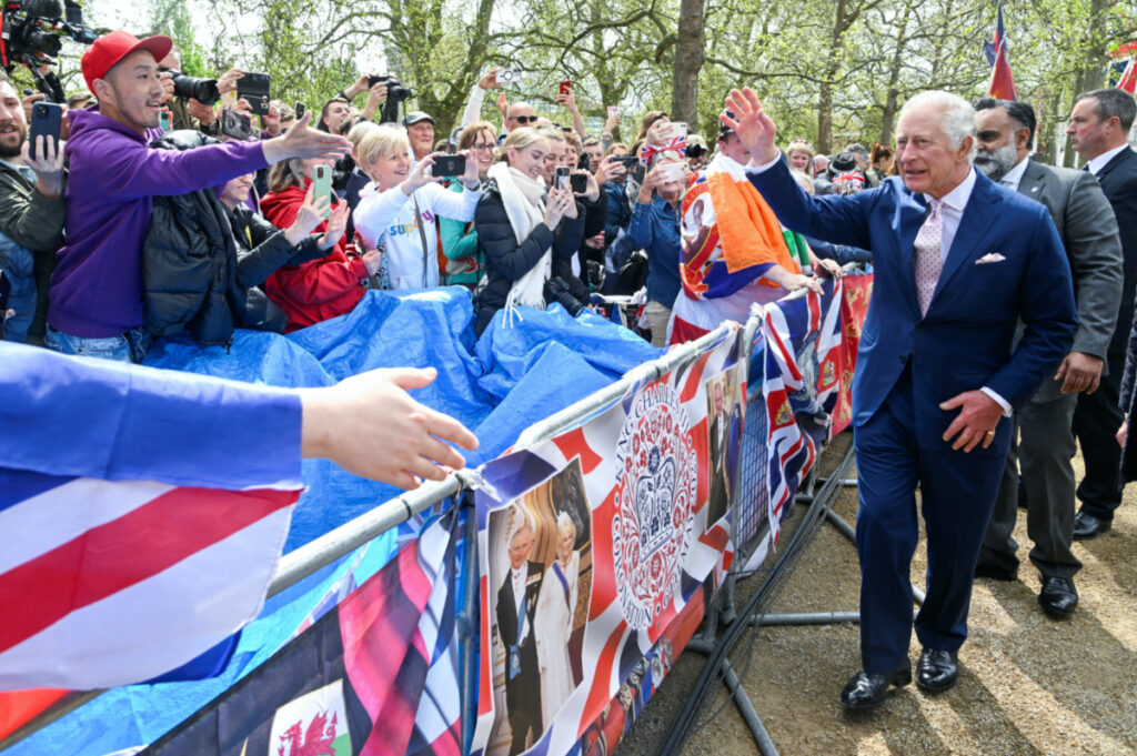 Britain's King Charles meets well-wishers during a walkabout on the Mall outside Buckingham Palace ahead of his and Camilla, Queen Consort's coronation, in London, Britain, on 5th May, 2023.