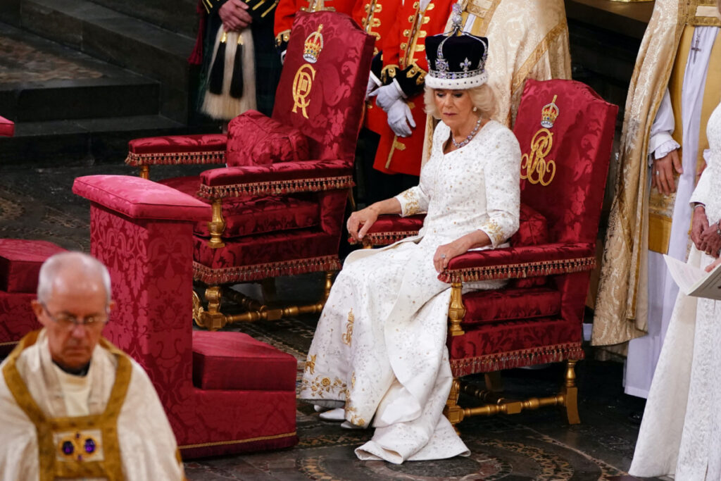 Queen Camilla wearing Queen Mary's Crown during her coronation ceremony in Westminster Abbey, London, on Saturday, 6th May, 2023