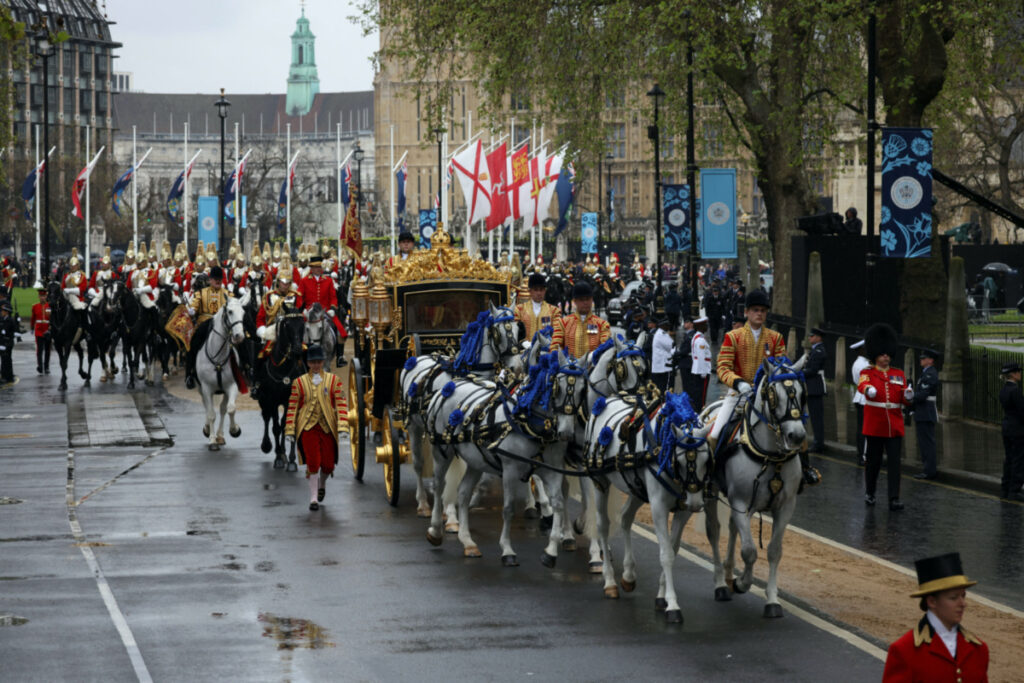 Britain's King Charles and Queen Camilla travel in the Diamond Jubilee State Coach towards Westminster Abbey to their coronation ceremony, London, Britain, on 6th May, 2023.