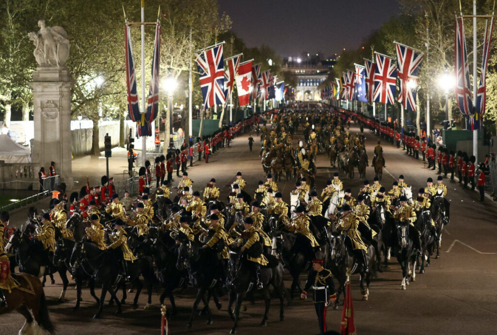 Members of the military take part in a full overnight dress rehearsal of the Coronation Ceremony of Britain’s King Charles and Camilla, Queen Consort in London, Britain, on 3rd May, 2023