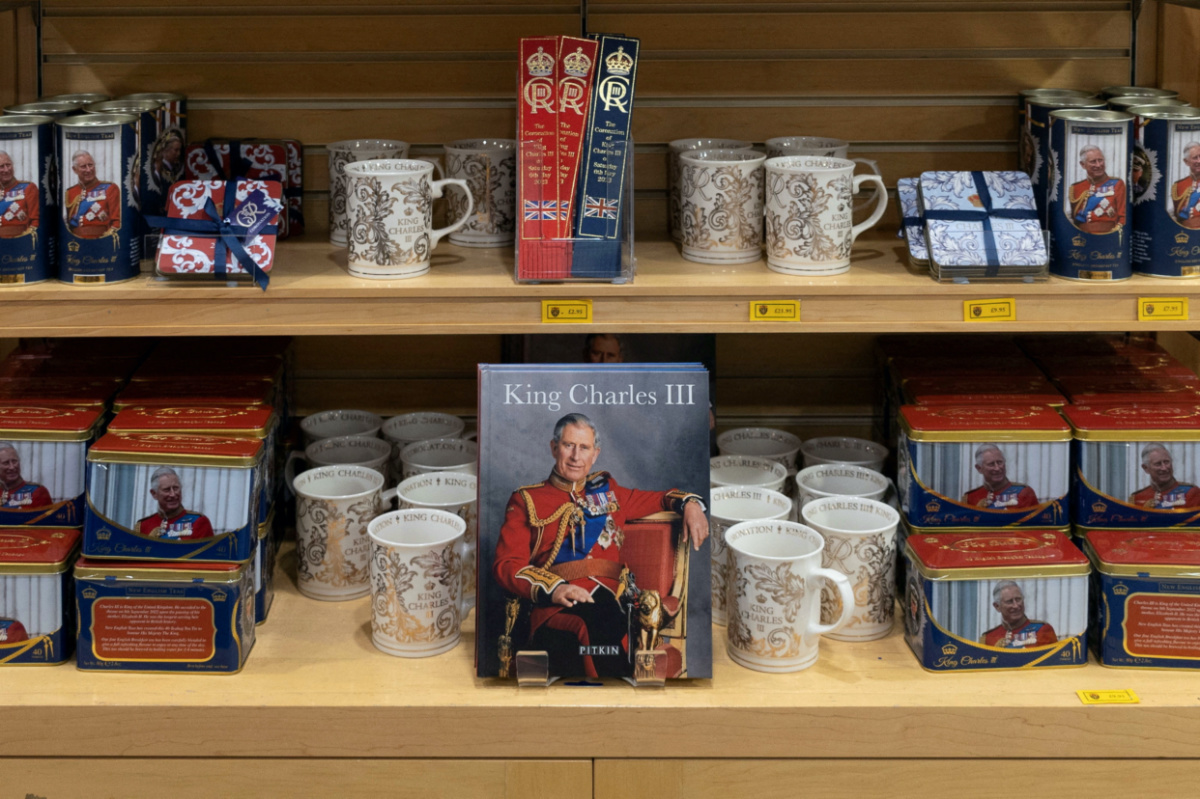 Themed merchandise is displayed in a souvenir shop ahead of the coronation of Britain's King Charles, in London, Britain, on 12th April, 2023.