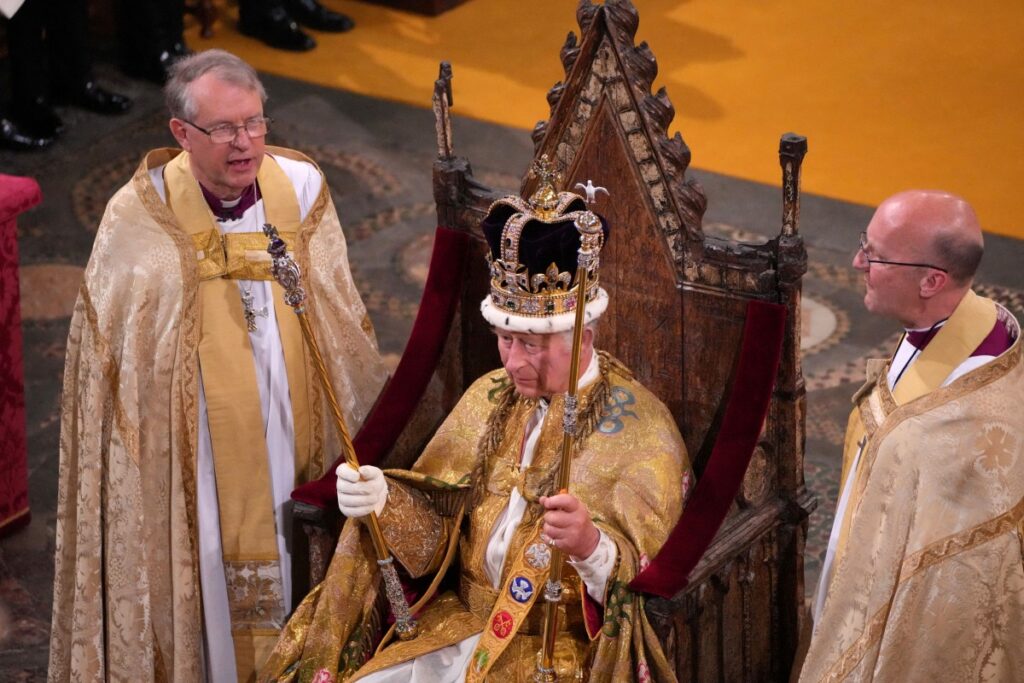 King Charles III after being crowned with St Edward's Crown by The Archbishop of Canterbury Justin Welby during his coronation ceremony in Westminster Abbey, London on Saturday 6th May, 2023.