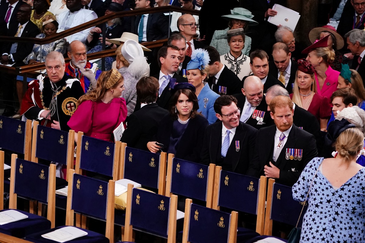 The Duke of York, Princess Beatrice, Peter Phillips, Edoardo Mapelli Mozzi, Zara Tindall, Princess Eugenie, Jack Brooksbank, Mike Tindall and the Duke of Sussex at the coronation ceremony of King Charles III and Queen Camilla in Westminster Abbey, London, on Saturday 6th May, 2023.