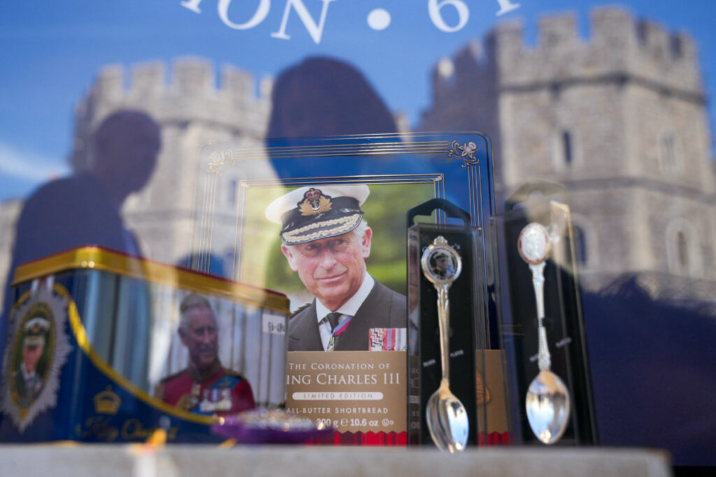 A view of souvenirs designed for the Coronation of Britain's King Charles in Windsor, Britain, on 29th April, 2023