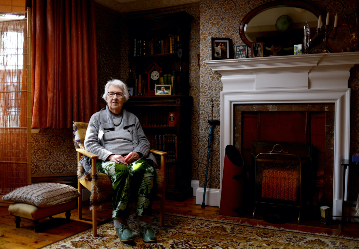 Olive Goldsmith, 90, poses for a photograph at her home in London, Britain, on 17th April, 2023.