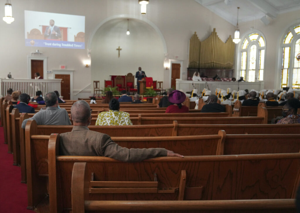 Congregants sit in largely empty pews during service at Zion Baptist Church in Columbia, South Carolina, on Sunday, 16th April, 2023.