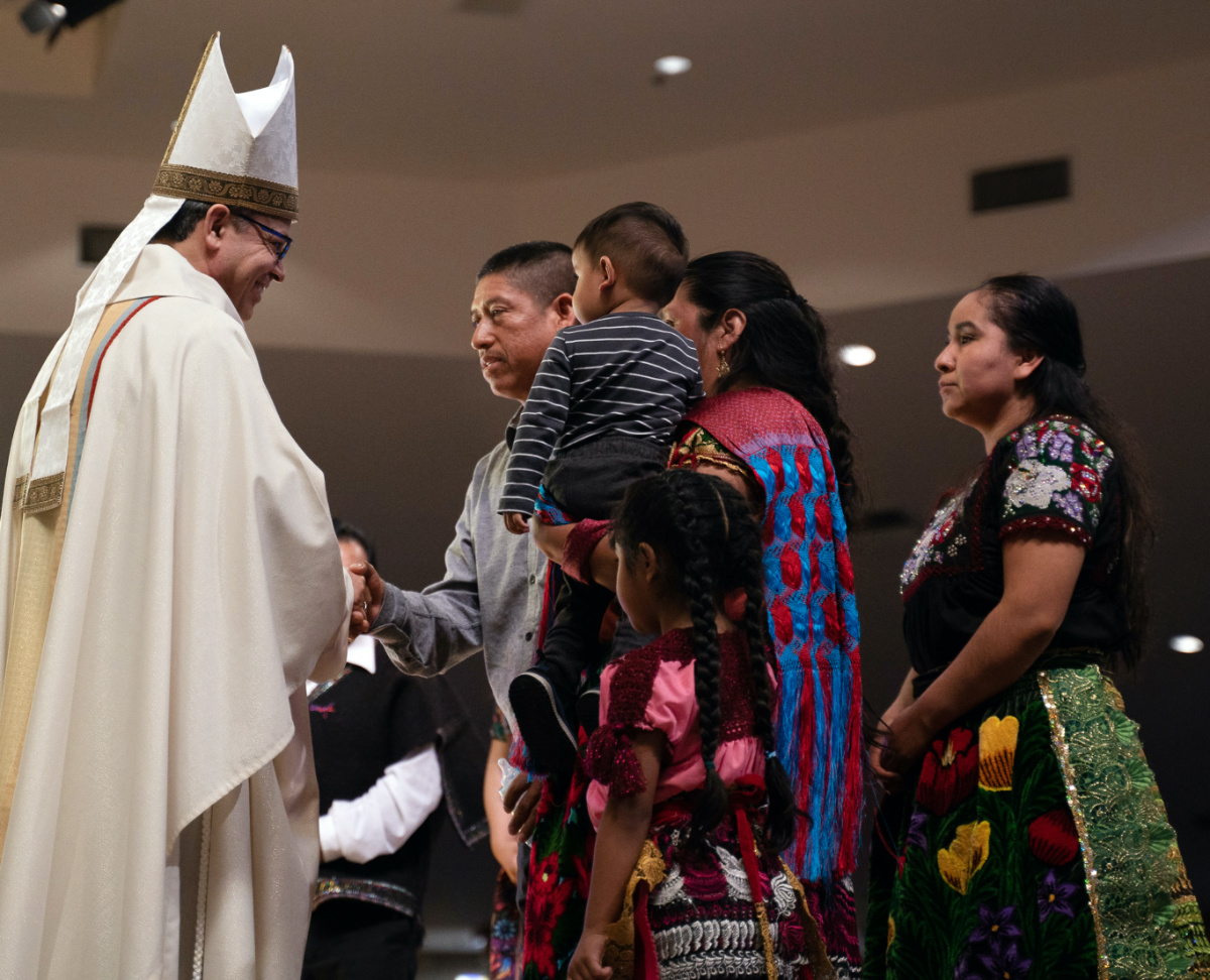 Bishop Alberto Rojas, left, is greeted by parishioners during a welcoming Mass at St. Paul the Apostle Church, in Monday, 23rd February 2020, in Chino Hills, California.
