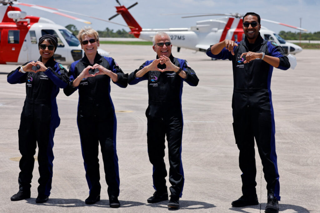 Commander Peggy Whitson, pilot John Shoffner, and mission specialists Ali Alqarni and Rayyanah Barnawi representing Saudi Arabia pose before the planned Axiom Mission 2 launch to the International Space Station at Kennedy Space Center, Florida, US, on 21st May, 2023.
