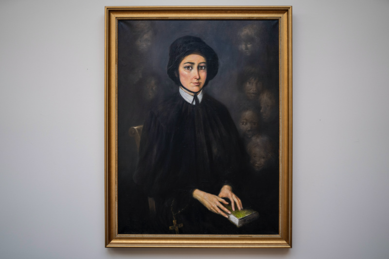 A portrait of Saint Elizabeth Ann Seton, the founder of the first American congregation of the Sisters of Charity, hangs in the meeting room of La Gras Hall where the leadership council of the order convenes, at the College of Mount Saint Vincent, a private Catholic college in the Bronx borough of New York, on Tuesday, 2nd May, 2023.