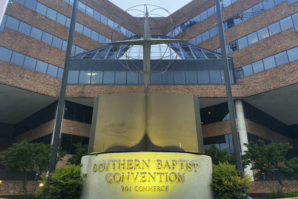 A cross and Bible sculpture stand outside the Southern Baptist Convention headquarters in Nashville, Tennessee, on 24th May, 2022.