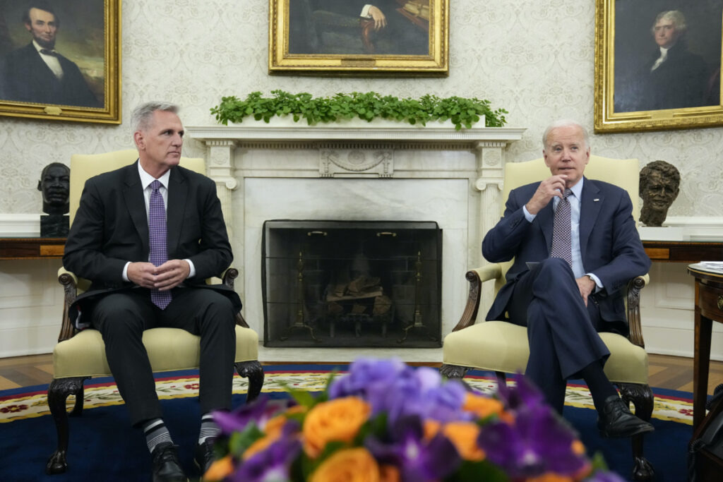 President Joe Biden meets with House Speaker Kevin McCarthy of California, to discuss the debt limit in the Oval Office of the White House, on Monday, 22nd May, 2023, in Washington