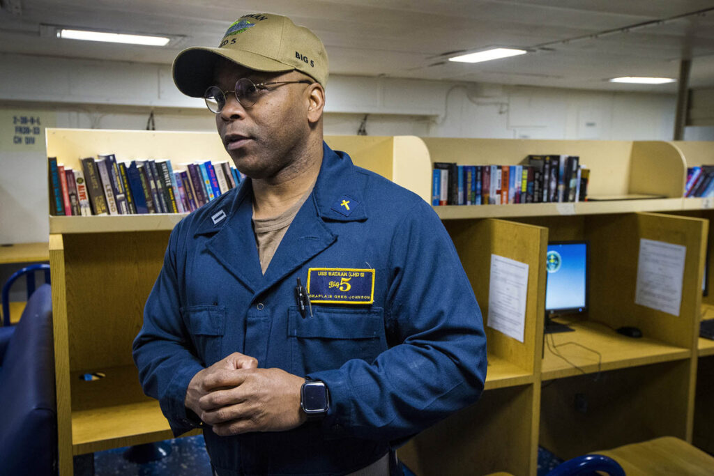 Navy Chaplain Lt Greg Johnson speaks about the his role aboard the USS Bataan on Tuesday, 14th March, 2023.
