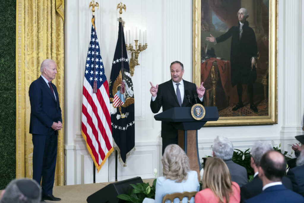 Doug Emhoff, husband of Vice President Kamala Harris, introduces President Joe Biden during the celebration of Jewish American Heritage Month in the East Room of the White House, on Tuesday, 16th May, 2023, in Washington.