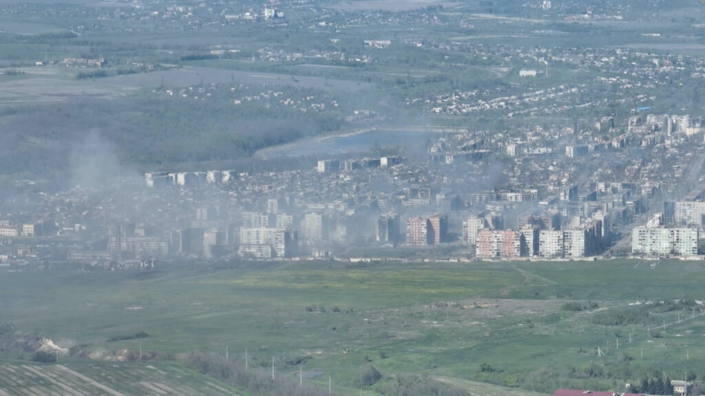 Smoke erupts following a shell explosion, amid Russia's attack on Ukraine, in Bakhmut, Donetsk region, Ukraine in this screengrab obtained from a handout video released on 7th May, 2023.