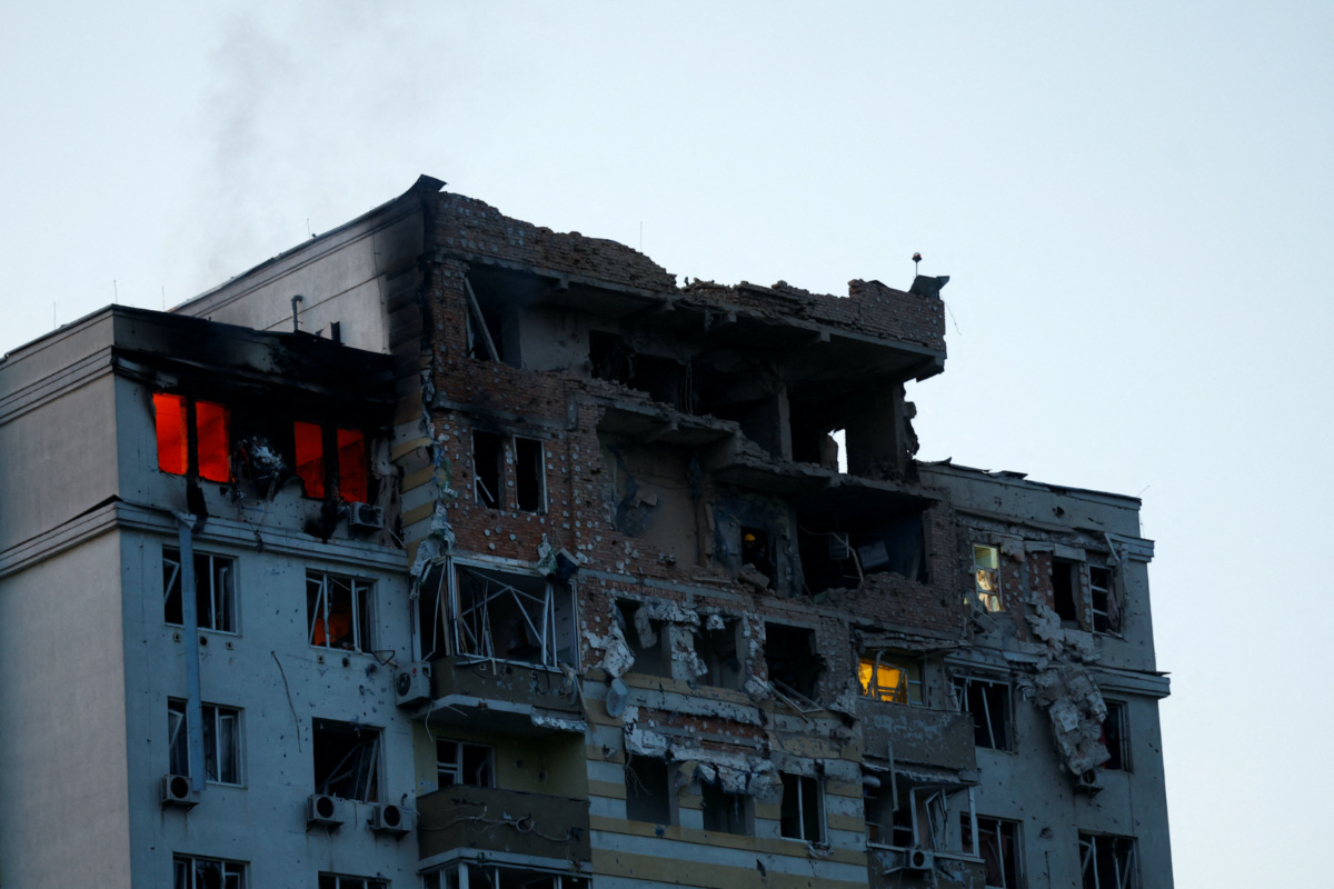 A view shows an apartment building damaged during a massive Russian drone strike, amid Russia’s attack on Ukraine, in Kyiv, Ukraine, on 30th May, 2023.