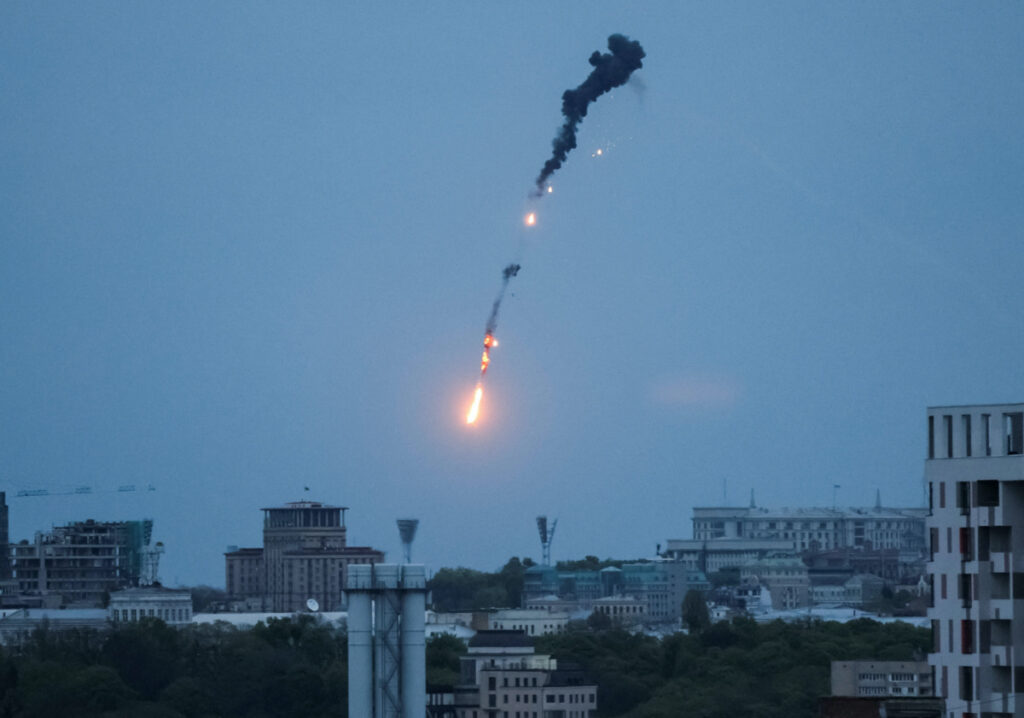 An explosion of a drone is seen in the sky over the city during a Russian drone strike, amid Russia's attack on Ukraine, in Kyiv, Ukraine, on 4th May, 2023.