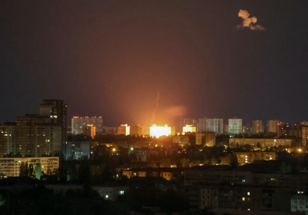 An explosion of a drone is seen during a Russian drone strike, amid Russia's attack on Ukraine, in Kyiv, Ukraine, on 8th May, 2023