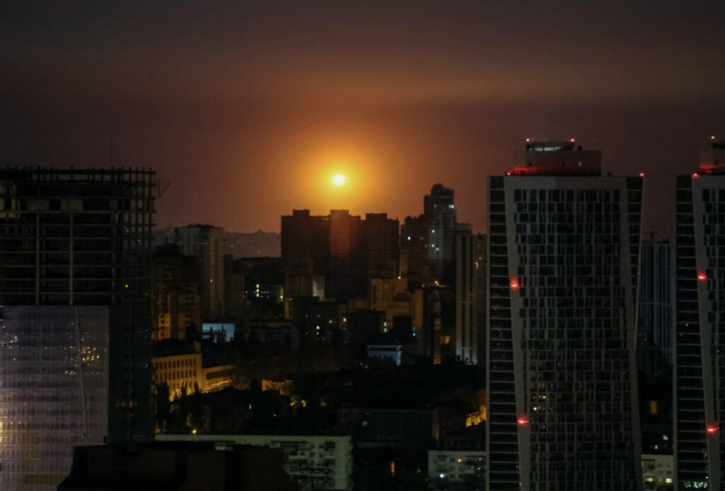 An explosion is seen in the sky over the city during a Russian drone and missile strike, amid Russia's attack on Ukraine, in Kyiv, Ukraine, on 29th May, 2023.