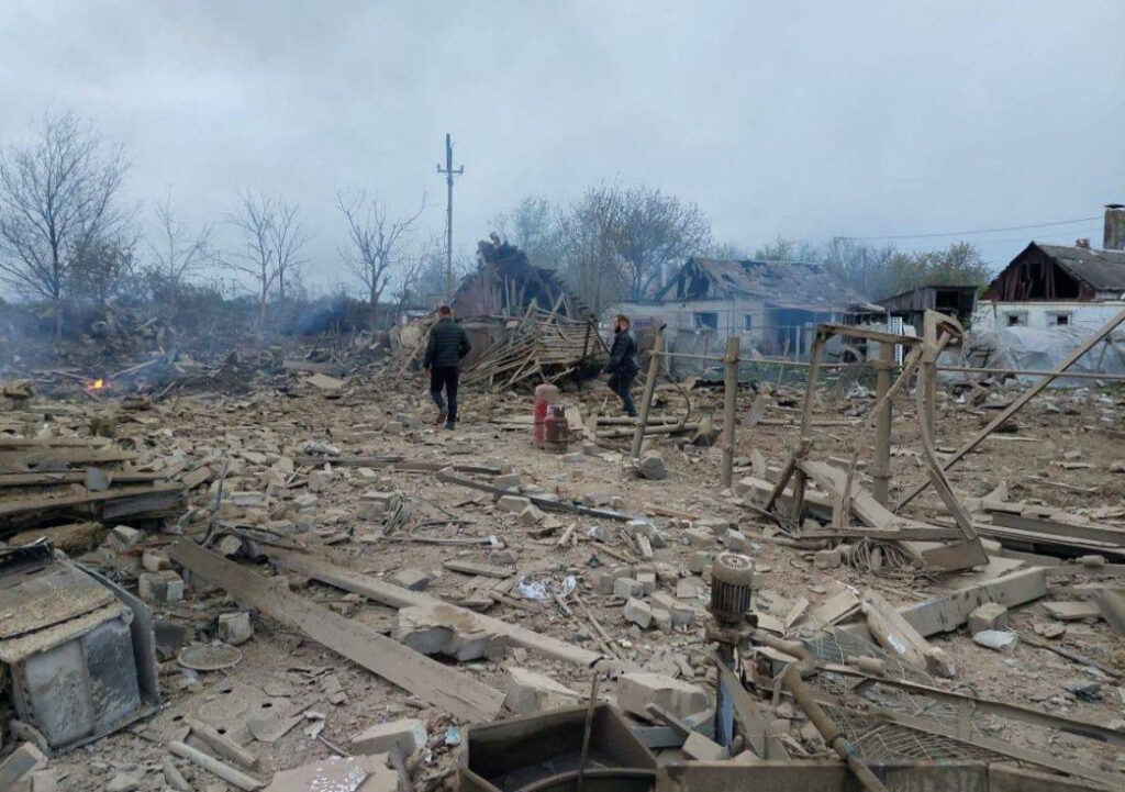 People are seen at the site of a residential area hit by a Russian military strike, amid Russia's attack on Ukraine, in the town of Pavlohrad, Dnipropetrovsk region, Ukraine, on 1st May, 2023.