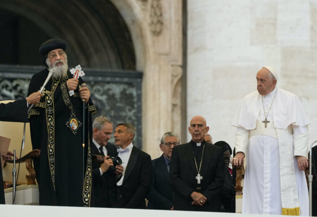 Pope Francis, right, starts his weekly general audience in St Peter's Square at The Vatican, with the leader of the Coptic Orthodox Church of Alexandria, Tawadros II, Wednesday, on 10th May, 2023.