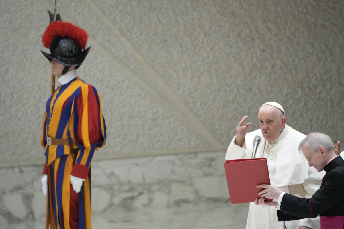 Pope Francis delivers a blessing as he meets with faithful of Pilgrimage of the Vocationist Family, at the Vatican, on Monday, 22nd May, 2023.