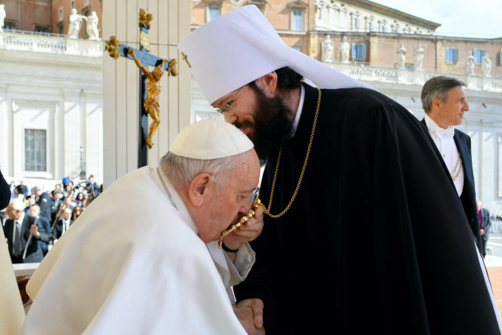 Pope Francis greets Metropolitan Anthony of Volokolamsk, chairman of the Department for External Church Relations of the Moscow Patriarchate of the Russian Orthodox Church during the weekly general audience in St Peter's Square at the Vatican, on 3rd May, 2023.