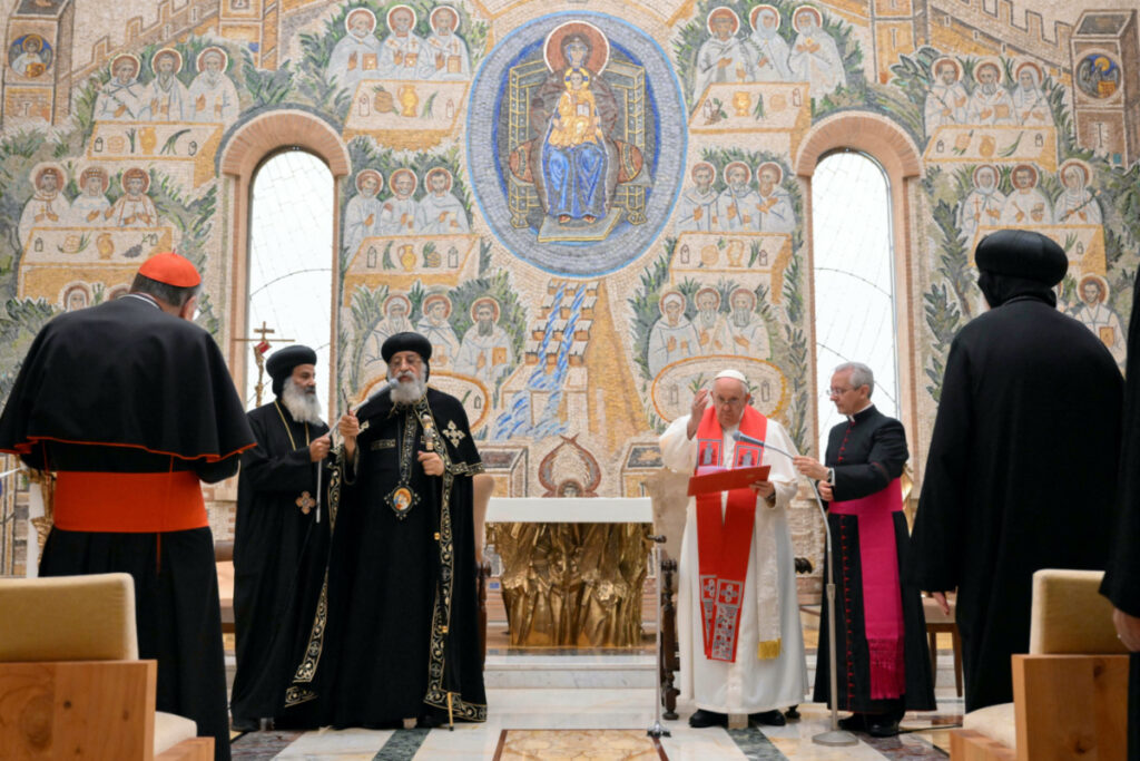 Pope Francis and Pope Tawadros II, the 118th Pope of the Coptic Orthodox Church of Alexandria and Patriarch of the See of St Mark Cathedral, meet in The Redemptoris Mater Chapel at the Vatican, on 11th May, 2023.