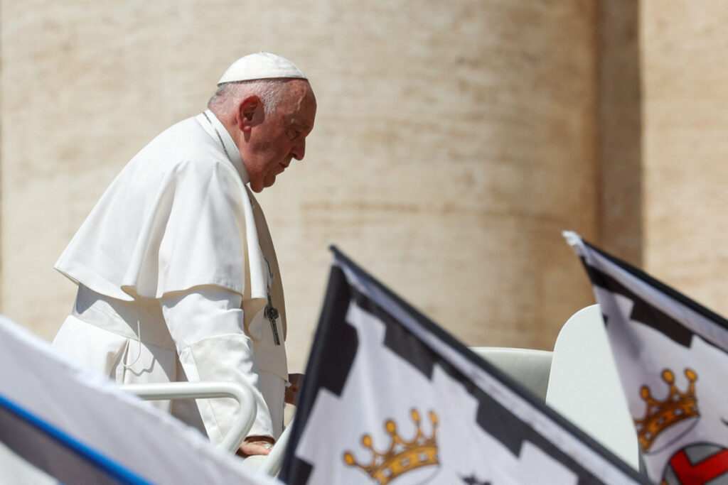 Pope Francis leaves after the weekly general audience in St Peter's Square at the Vatican, on 24th May, 2023.