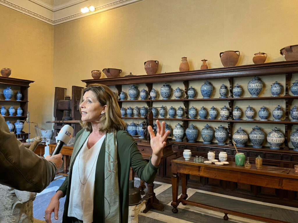 Barbara Jatta, director of the Vatican Museums, speaks to a reporter during the opening of a new exhibit of ceramic jars and other utensils used in a 17th century pharmacy that was once at the Benedictine monastery, at the Vatican, on 25th May, 2023.