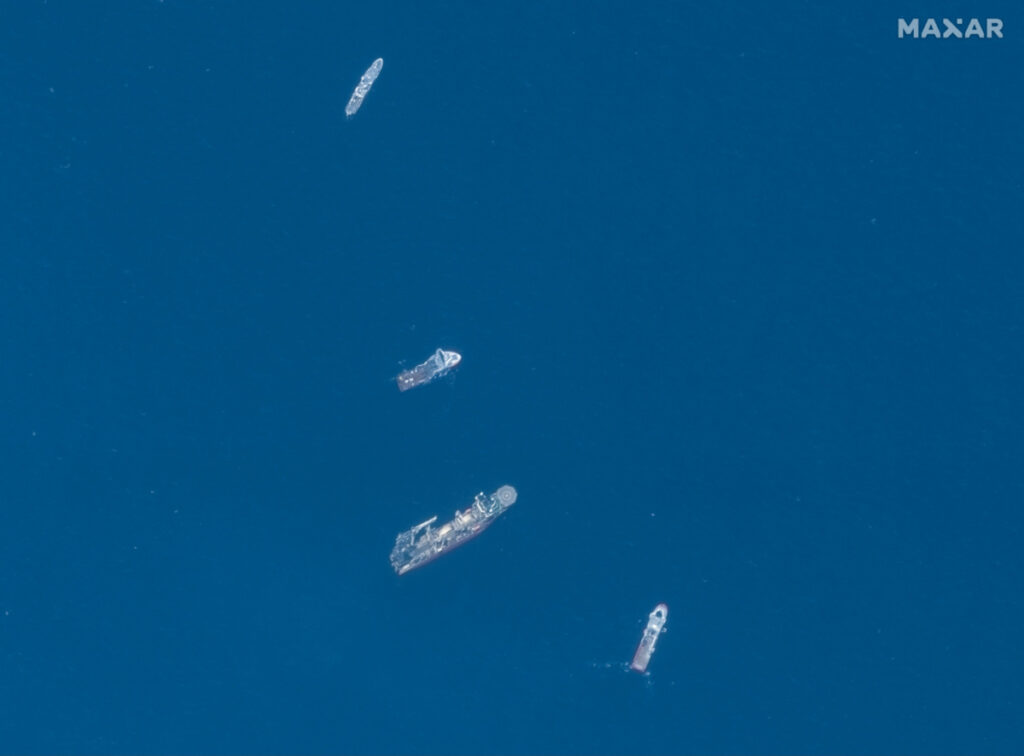 A satellite image shows ships taking part in the search and rescue operations associated with the missing Titan submersible near the wreck of the Titanic, on 22nd June, 2023.