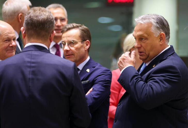 German Chancellor Olaf Scholz, Swedish Prime Minister Ulf Kristersson and Hungarian Prime Minister Viktor Orban attend the European Union leaders summit in Brussels, Belgium, on 29th June, 2023.