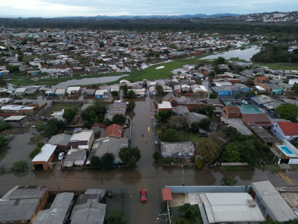An aerial view shows damage and floods due to heavy rains after an extra-tropical cyclone, in Sao Leopoldo, Rio Grande do Sul state, Brazil, on 17th June, 2023.