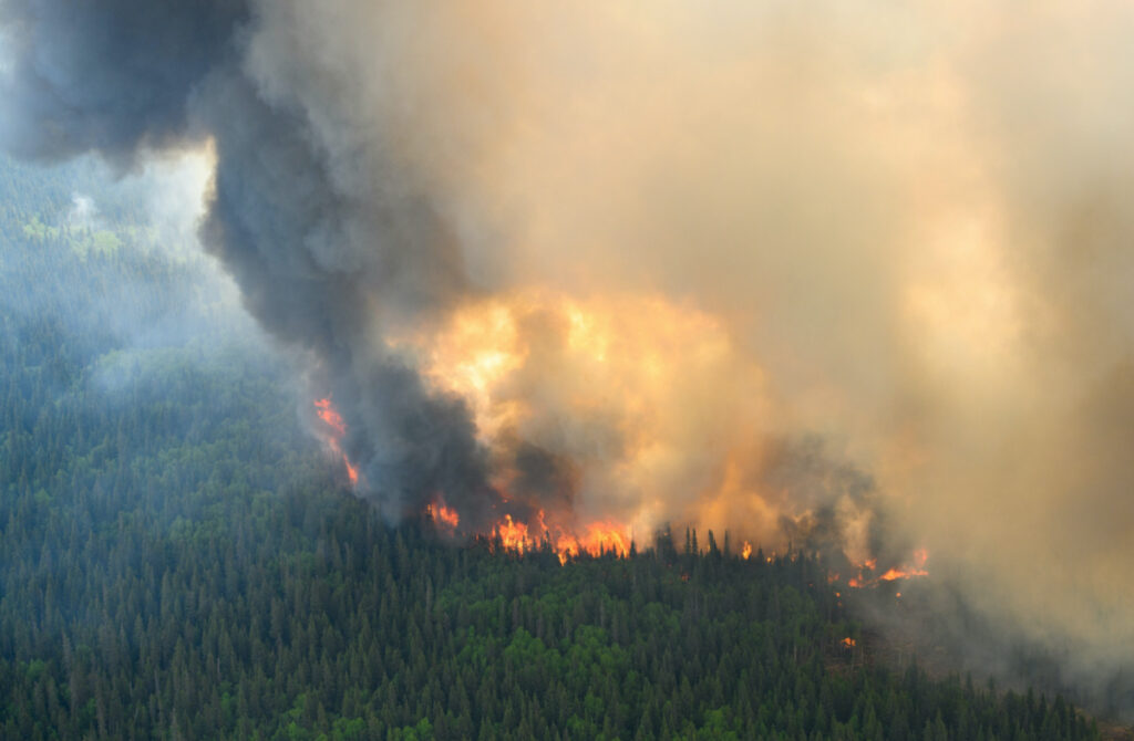 Flames reach upwards along the edge of a wildfire as seen from a Canadian Forces helicopter surveying the area near Mistissini, Quebec, Canada, on 12th June, 2023.