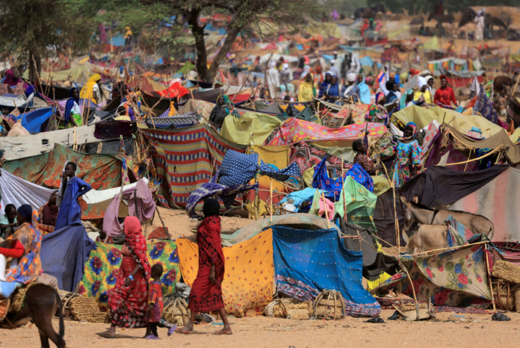 A view of makeshift shelters of Sudanese people who fled the conflict in Sudan's Darfur region and were previously internally displaced in Sudan, near the border between Sudan and Chad, in Borota, Chad, on 13th May, 2023.