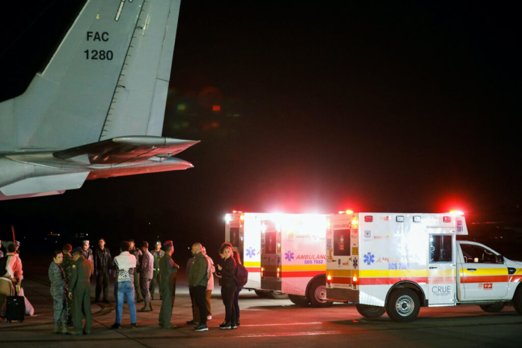 A view of ambulances at the CATAM military airbase on the day the child survivors of a Cessna 206 plane that crashed in thick jungle were brought in by plane from San Jose del Guaviare, in Bogota, Colombia, on 10th June, 2023.