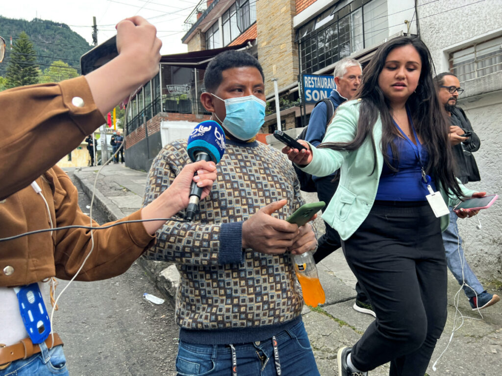 Manuel Ranoque, father of the child survivors of a Cessna 206 plane, that crashed in thick jungle, speaks to the media, near the central military hospital, where the children are hospitalised, Bogota, Colombia, on 11th June, 2023.
