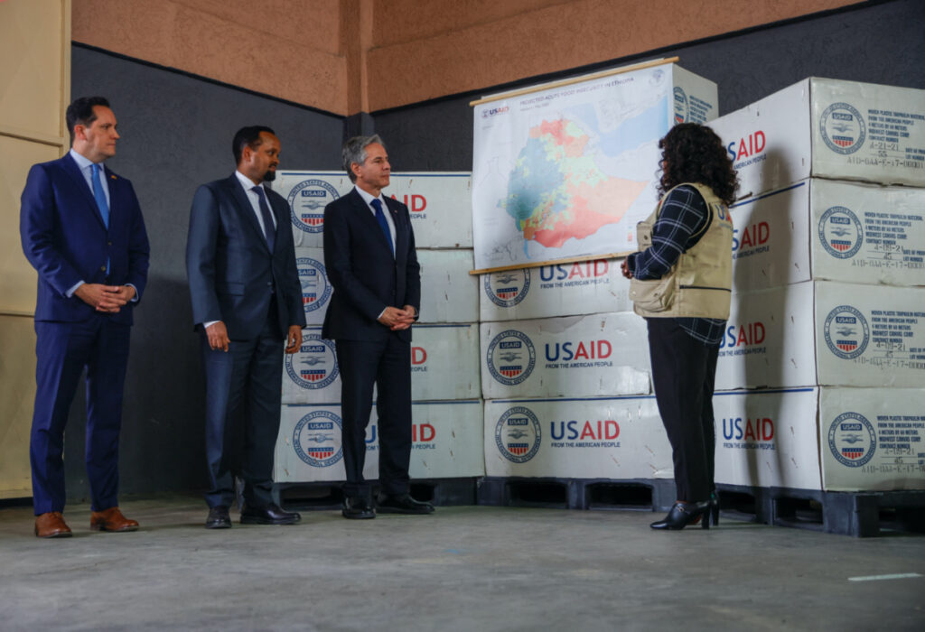 US Secretary of State Antony Blinken visits a UN Logistics Center Warehouse accompanied by USAID Ethiopia Mission Director Sean Jones and Ethiopian Minister of Finance Ahmed Shide, in Addis Ababa, Ethiopia, on 15th March , 2023.