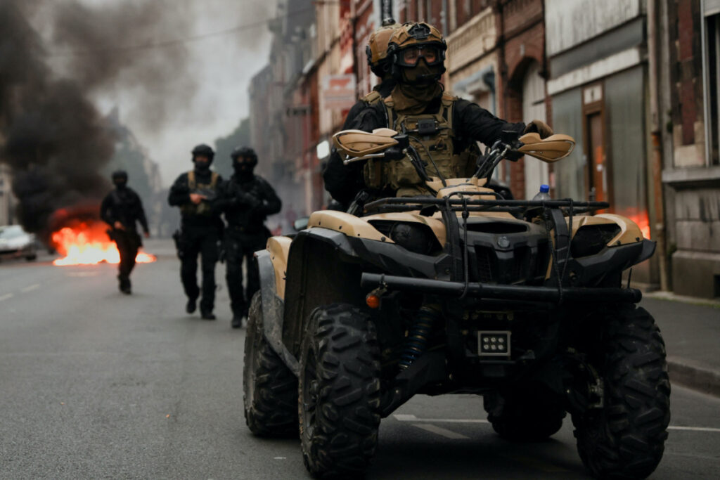 Officers ride a vehicle during riots following the death of Nahel, a 17-year-old teenager killed by a French police officer in Nanterre during a traffic stop, in Lille, France, on 30th June, 2023.