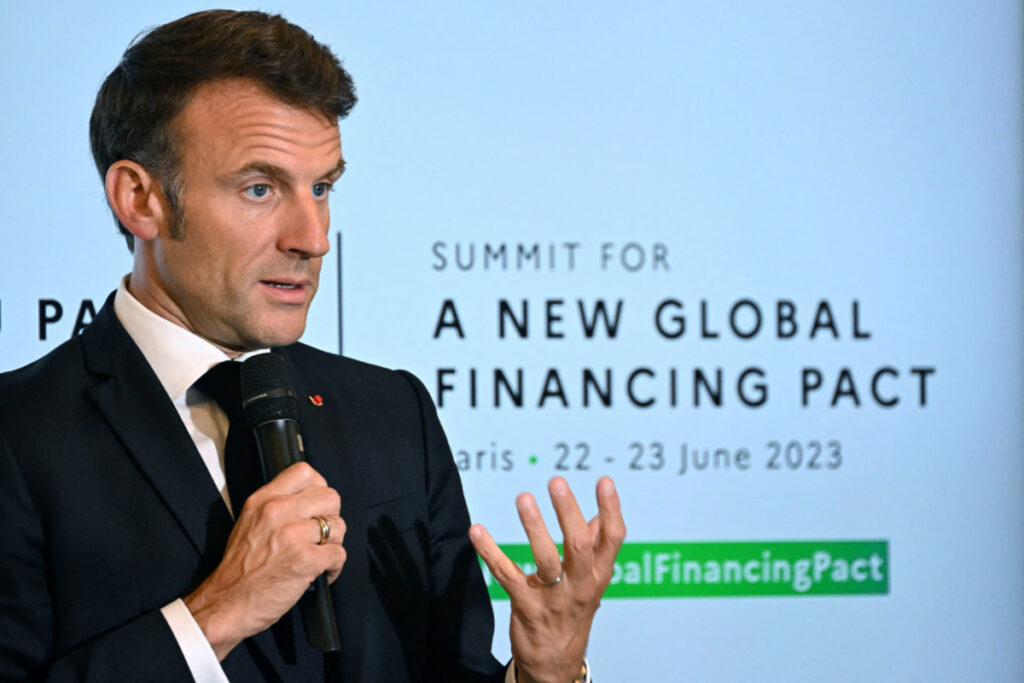 French President Emmanuel Macron speaks during the Alliance for Entrepreneurship thematic, as part of the New Global Financial Pact Summit at the Palais Brongniart in Paris, France, on 22nd June, 2023.