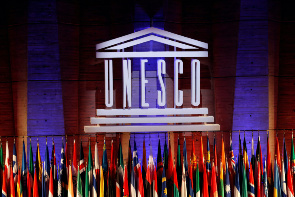The UNESCO logo is seen during the opening of the 39th session of the General Conference of the United Nations Educational, Scientific and Cultural Organization (UNESCO) at their headquarters in Paris, France, on 30th October, 2017.