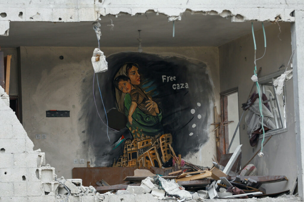 A painting drawn by artists is seen at a house destroyed by Israel, in recent Israeli-Gaza fighting, in Deir Al-Balah, central Gaza Strip on 8th June, 2023.