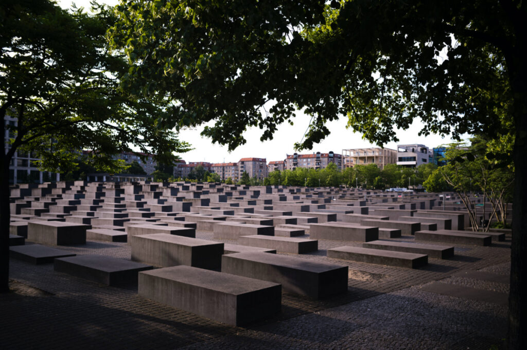 The morning light illuminate the Memorial to the Murdered Jews of Europe, or the Holocaust Memorial in Berlin, Germany, on Thursday, 15th June, 2023