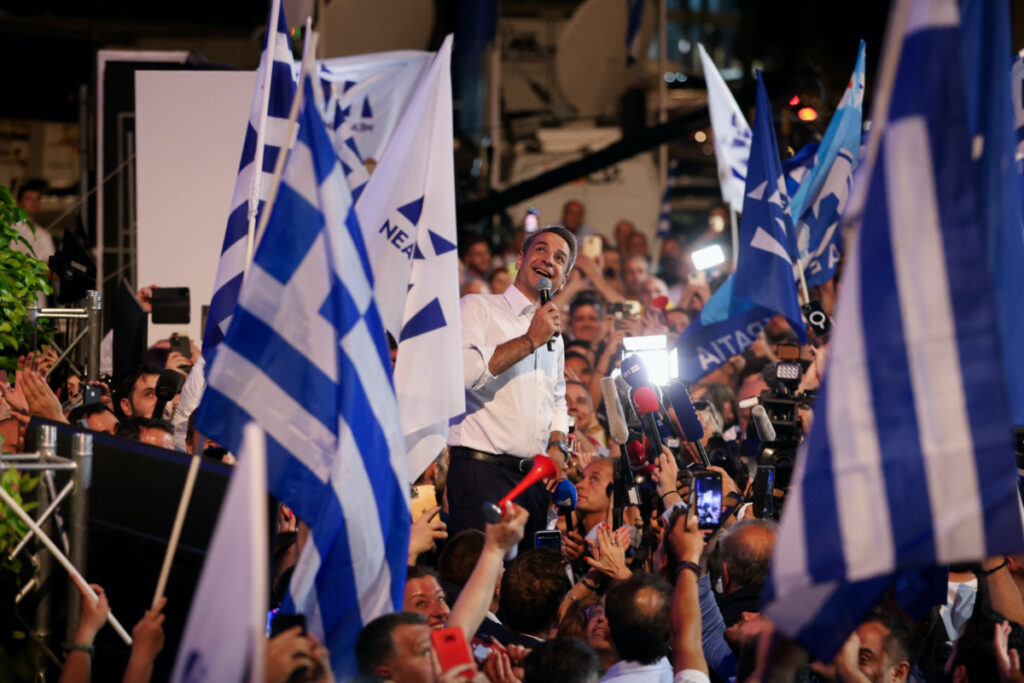 New Democracy conservative party leader Kyriakos Mitsotakis speaks to supporters outside the party's headquarters, after the general election, in Athens, Greece, on 25th June, 2023.