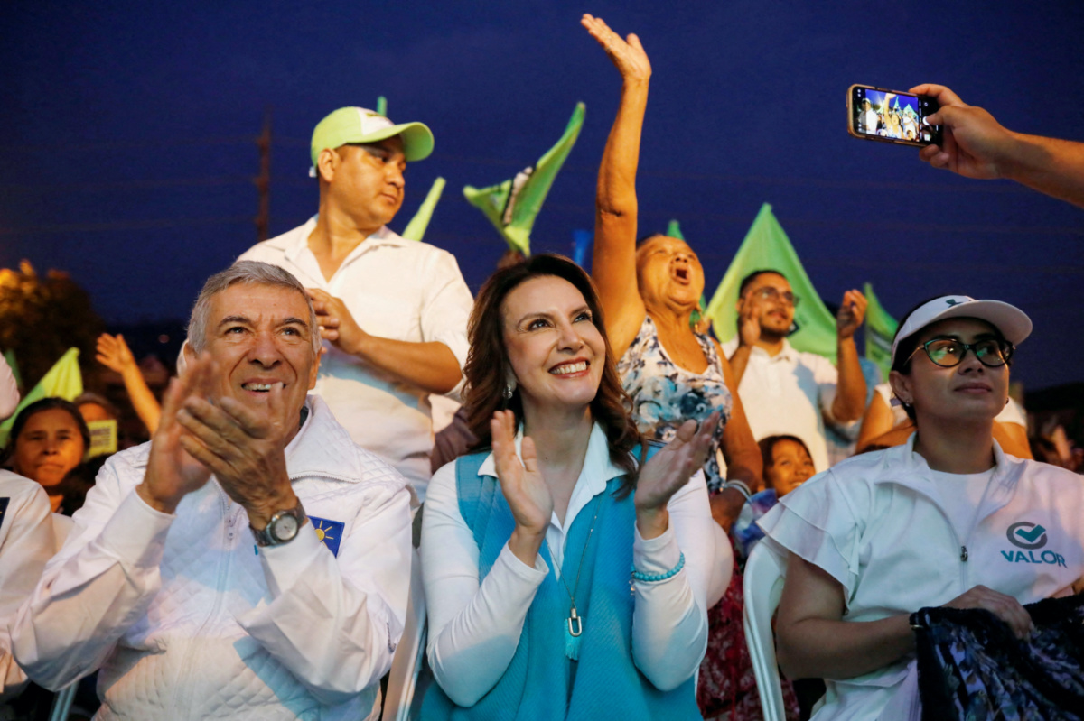 Guatemalan presidential candidate Zury Rios and vice presidential candidate Hector Cifuentes for the coalition of political parties Valor and Unionista, attend an event of Rios' campaign rally, in Guatemala City, Guatemala, on 16th April, 2023.