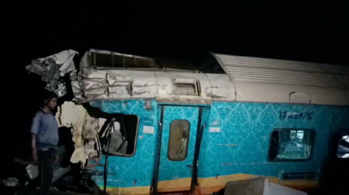 A view of a damaged compartment, following the deadly collision of two trains, in Balasore, India, on 2nd June, 2023