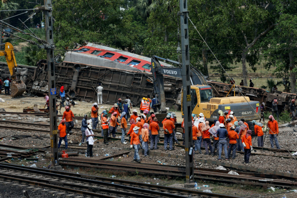 A drone view shows derailed coaches after two passenger trains collided in Balasore district in the eastern state of Odisha, India, on 3rd June, 2023.