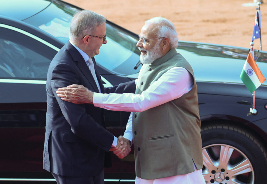 Australian Prime Minister Anthony Albanese shakes hands with his Indian counterpart Narendra Modi during his ceremonial reception at the forecourt of India's Rashtrapati Bhavan Presidential Palace in New Delhi, India, on 10th March, 2023.