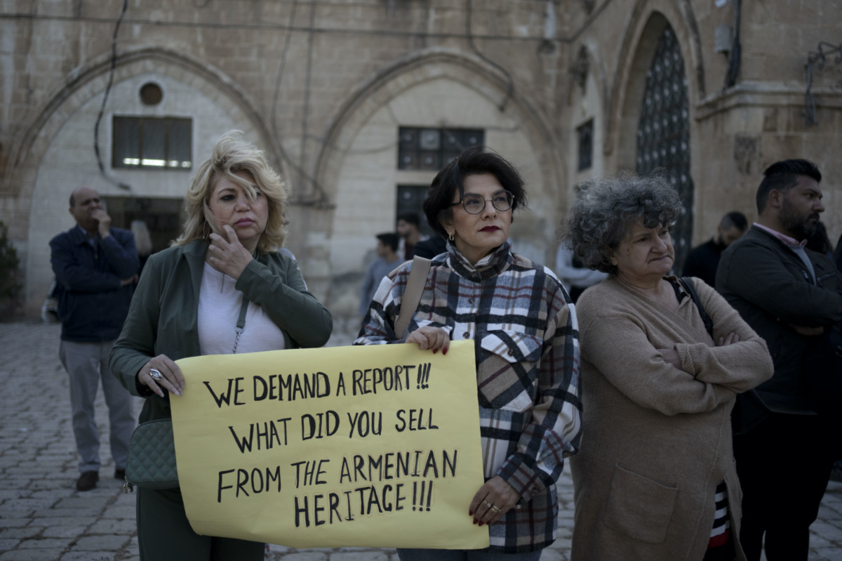 Members of the Armenian community protest a contentious deal that stands to displace residents and hand over a large section of the Armenian Quarter in the Old City of Jerusalem, on Friday, 19th May, 2023